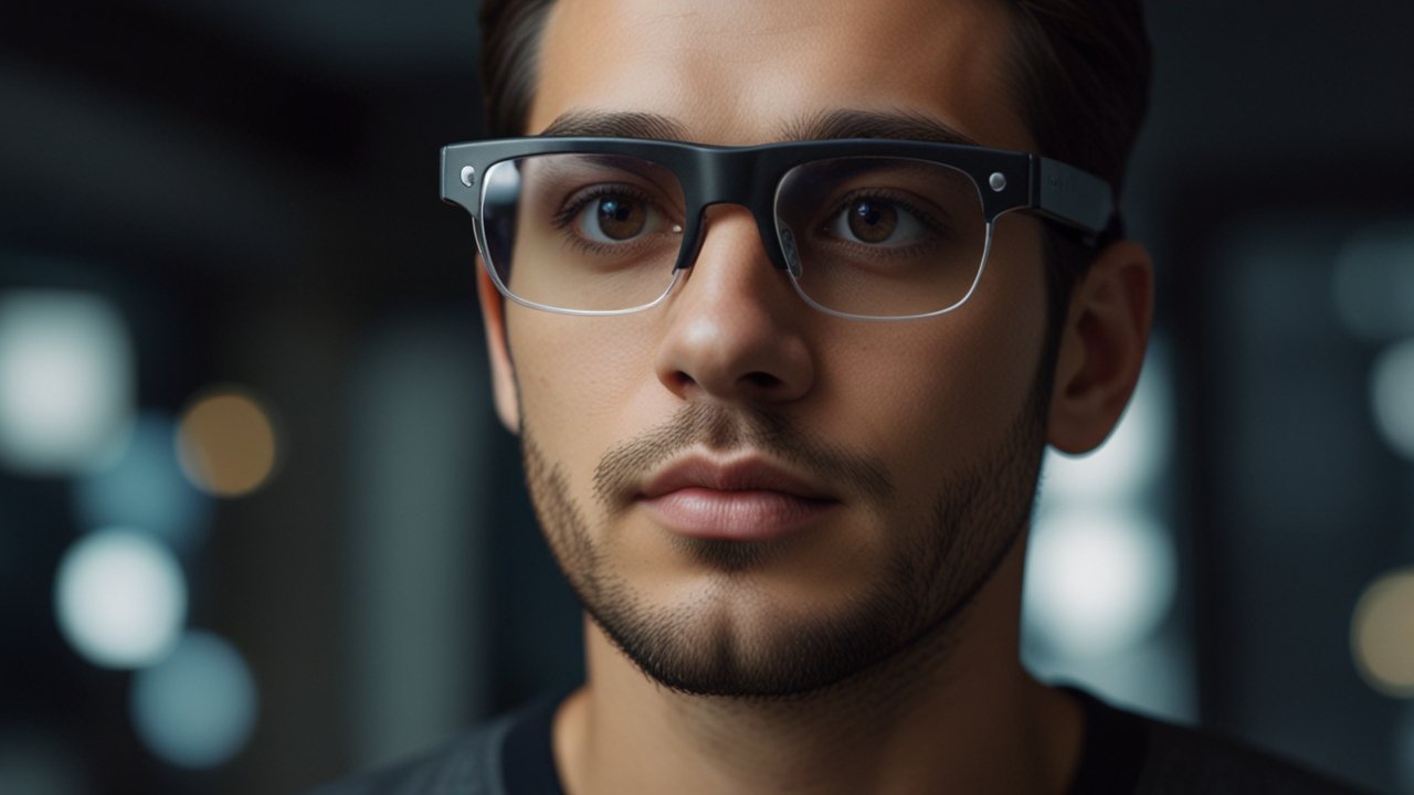 Sleek AR glasses displaying holographic information overlays in a modern office setting with digital interfaces floating around the user
