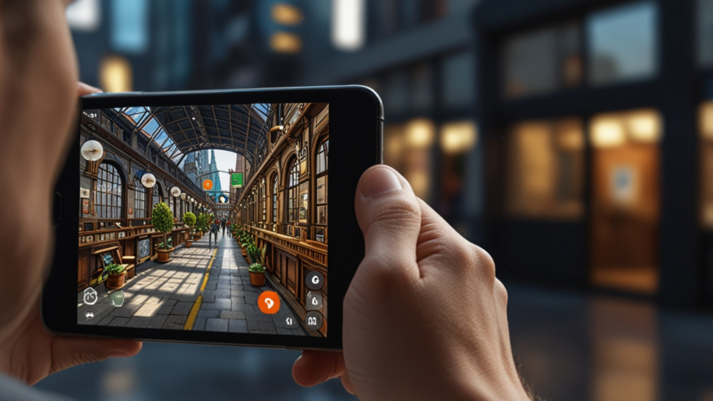 Smartphone displaying AR application with virtual objects overlaying real environment, showing interactive digital elements and immersive mixed reality experiences