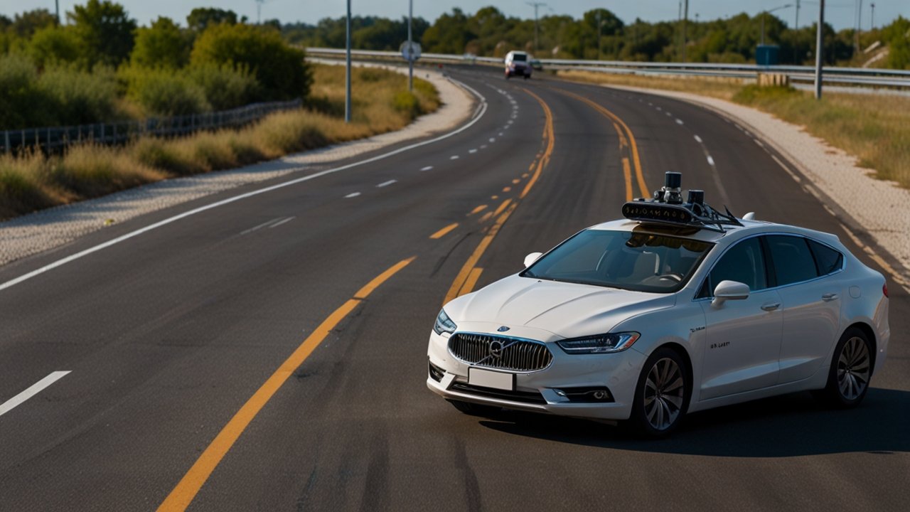 Autonomous vehicle with visible sensor array including LiDAR, cameras, and radar systems against a modern urban street environment with clear sensor detection patterns