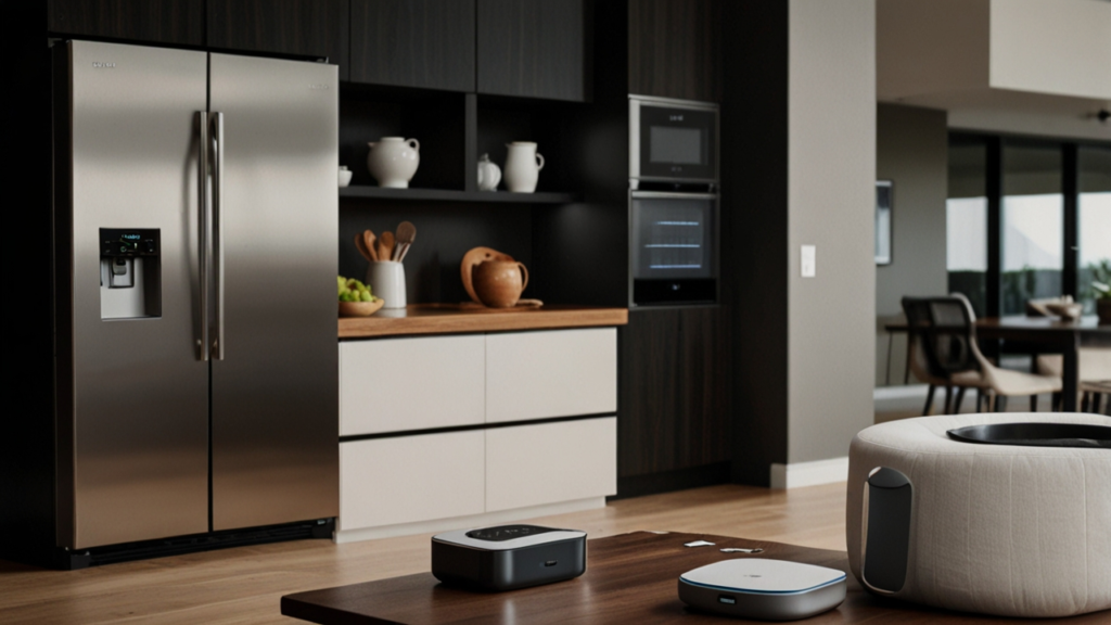 Modern smart kitchen with connected appliances including refrigerator, oven, dishwasher, and coffee maker all displaying digital interfaces and connectivity indicators