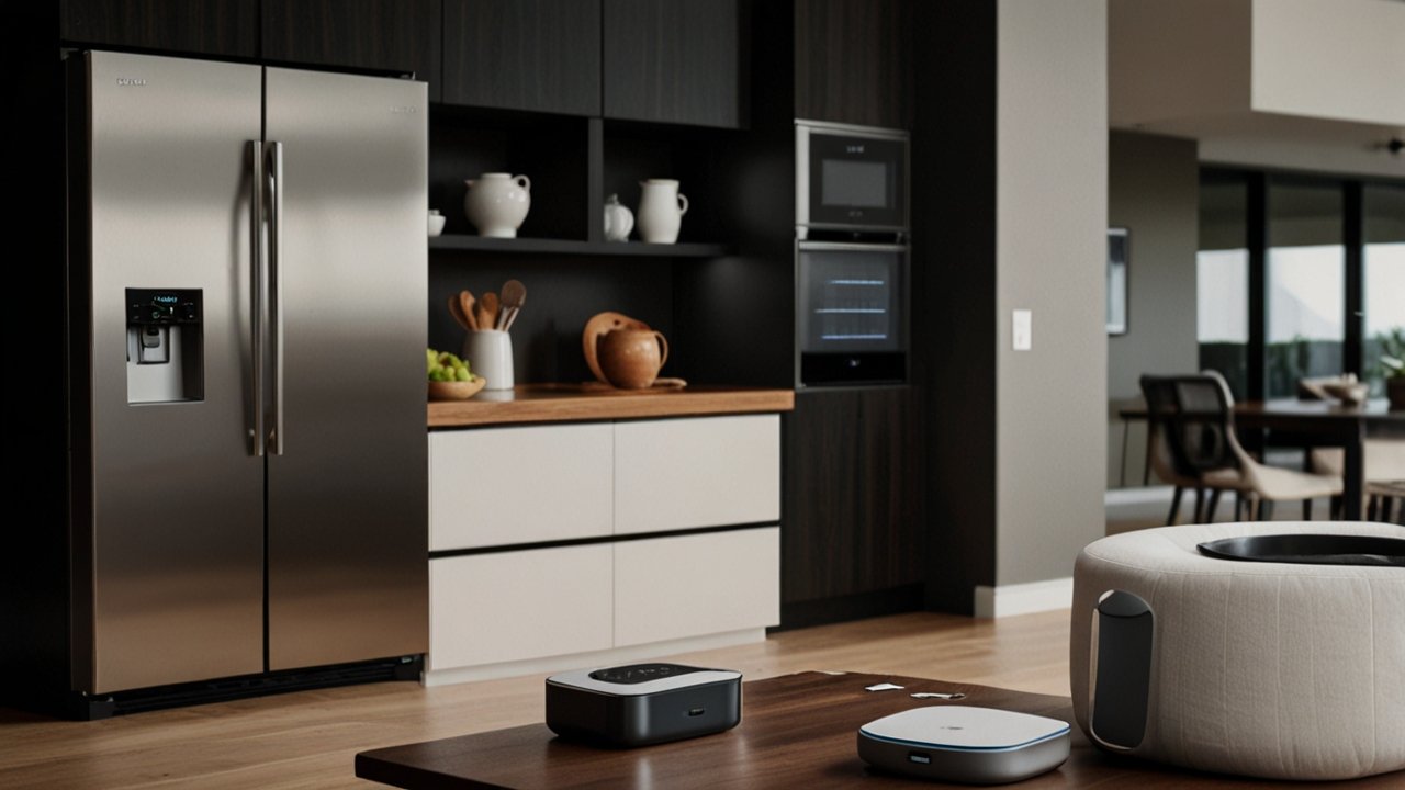 Modern smart kitchen with connected appliances including refrigerator, oven, dishwasher, and coffee maker all displaying digital interfaces and connectivity indicators