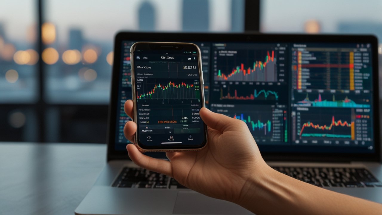 Modern cryptocurrency trading interface with multiple screens showing market charts, trading algorithms, and portfolio management tools in a professional trading environment