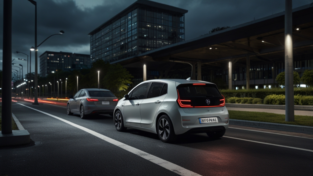 Modern electric vehicle ecosystem with charging stations, battery technology displays, and sustainable transportation infrastructure in an eco-friendly urban setting