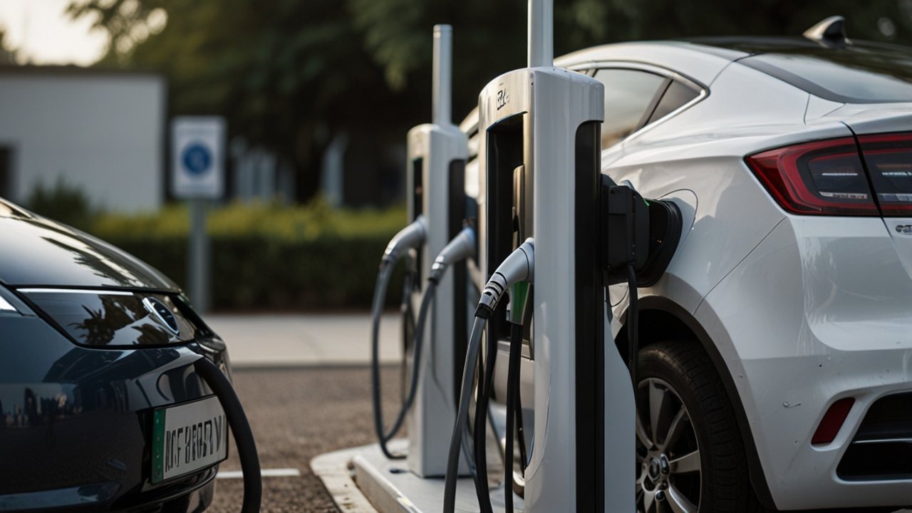 Urban landscape with sleek electric vehicle charging stations featuring solar panels and digital displays showing charging status in a modern city setting