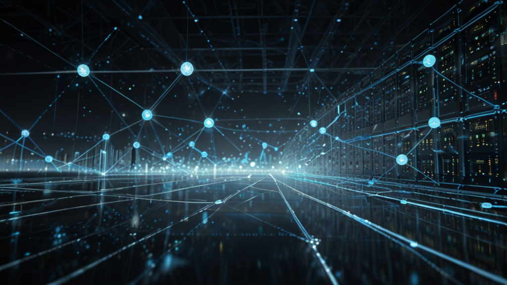 High-tech data center with edge computing nodes, distributed servers, and real-time processing displays showing network optimization and low-latency operations