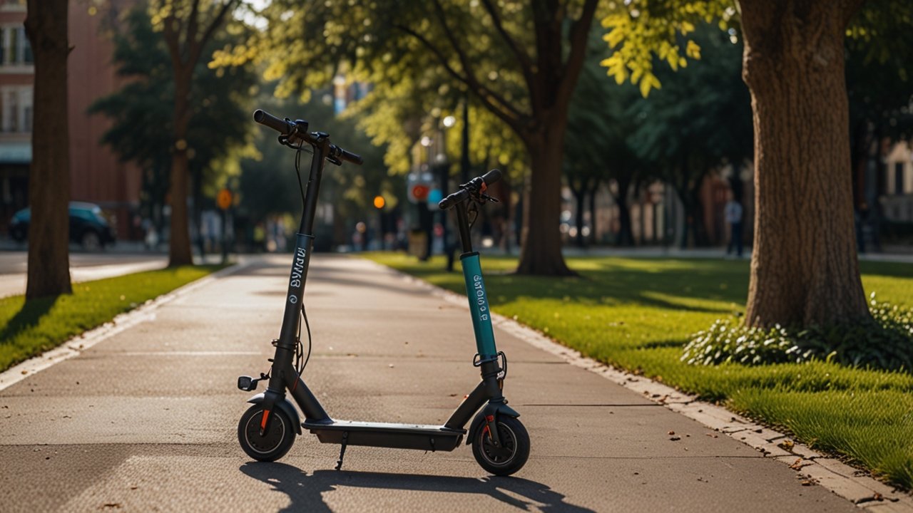 Urban electric scooter sharing hub with modern e-scooters, charging stations, mobile app interfaces, and smart city integration displays