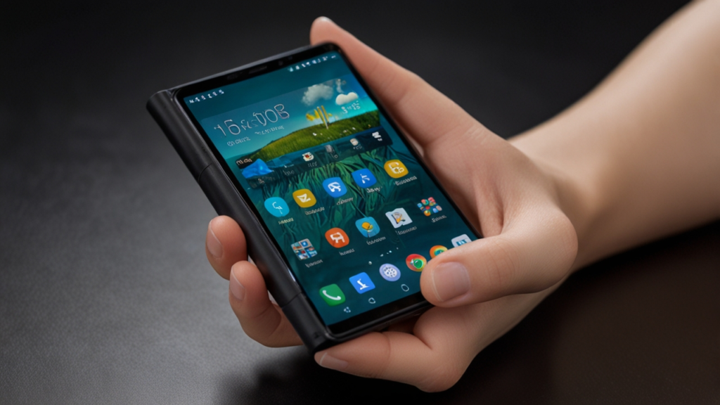 Sleek foldable smartphone with transparent holographic display showing multiple apps simultaneously against a minimalist tech background with soft lighting