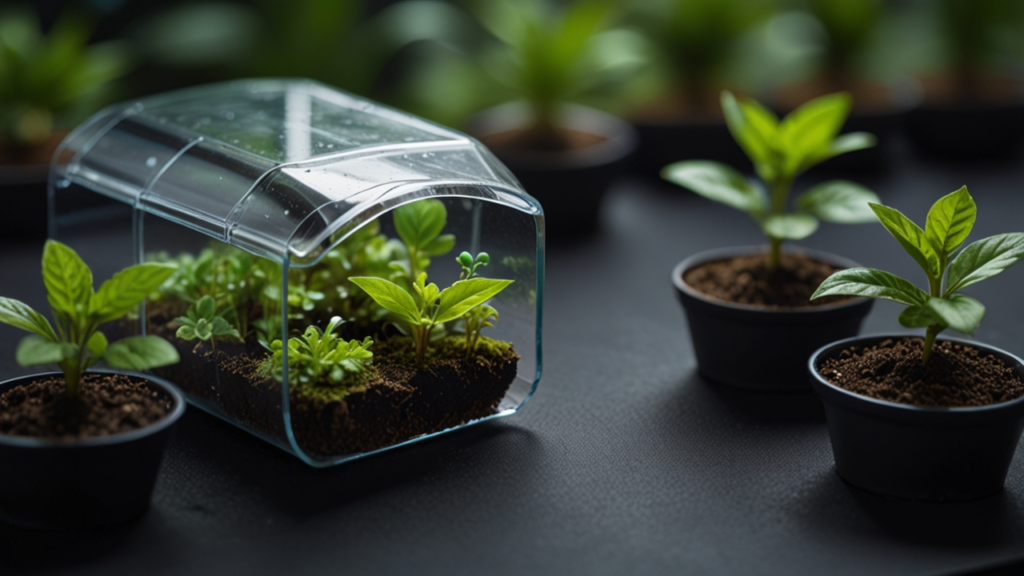 Eco-friendly technology installation with solar panels, wind turbines, carbon capture systems, and sustainable innovation displays in a clean environment