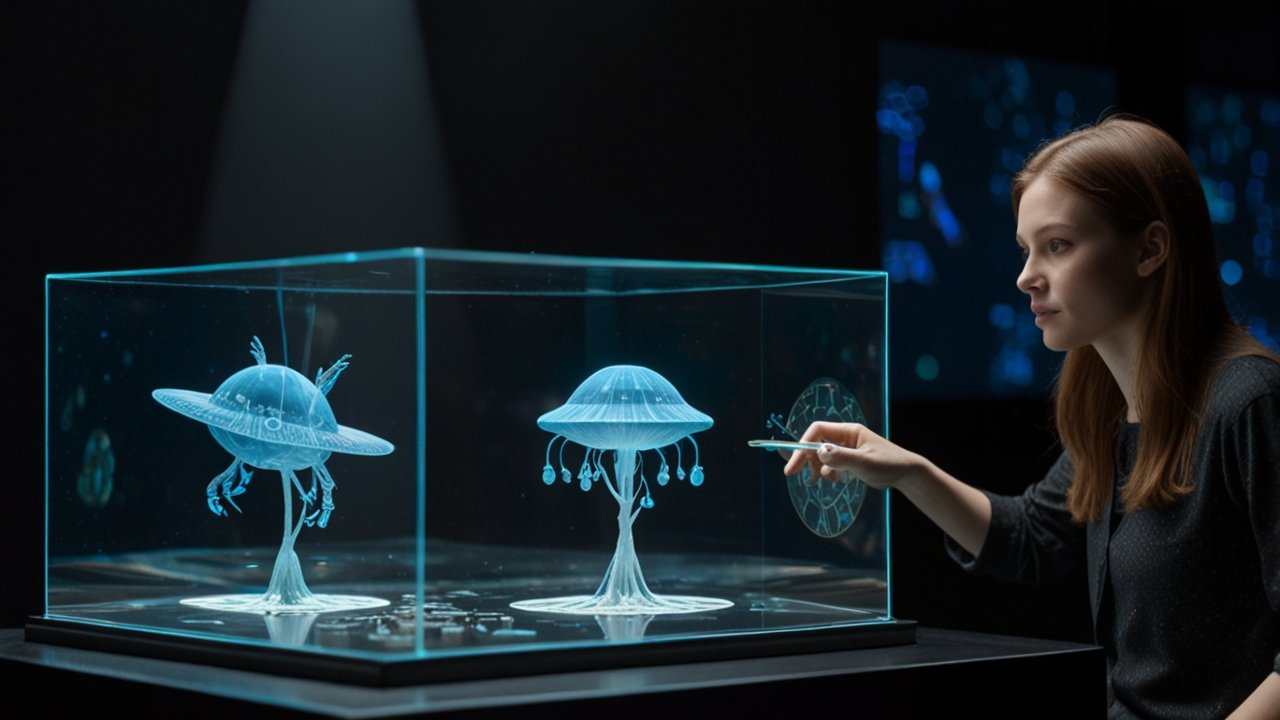 Futuristic holographic display laboratory with 3D volumetric projections, spatial computing interfaces, and immersive hologram demonstrations