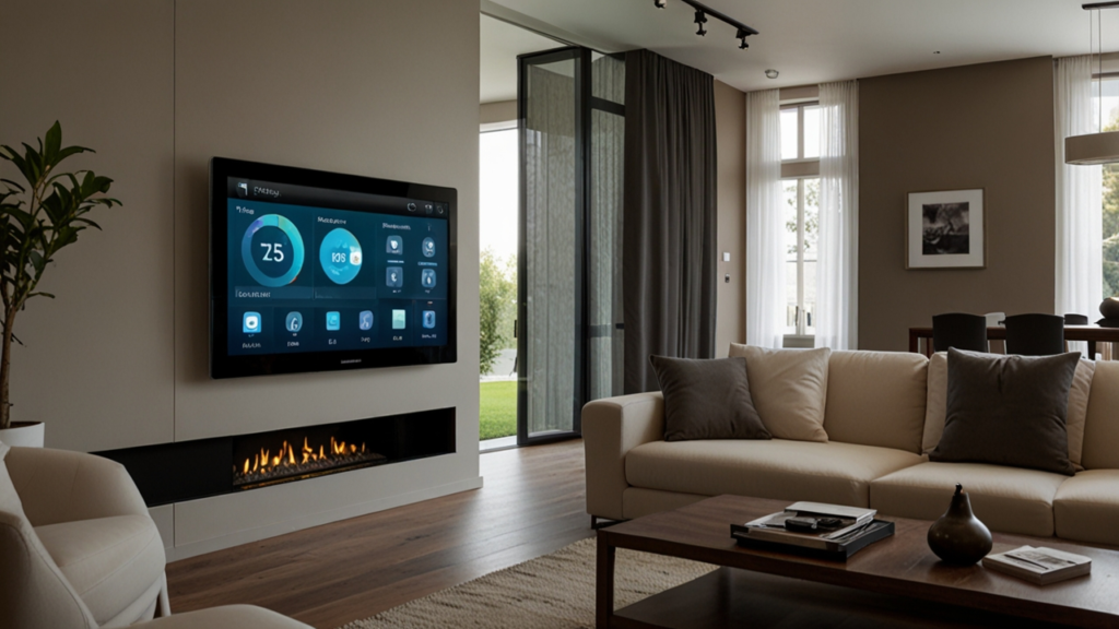 Modern smart home control center with unified automation platform managing lighting, security, climate, and entertainment systems through integrated interfaces