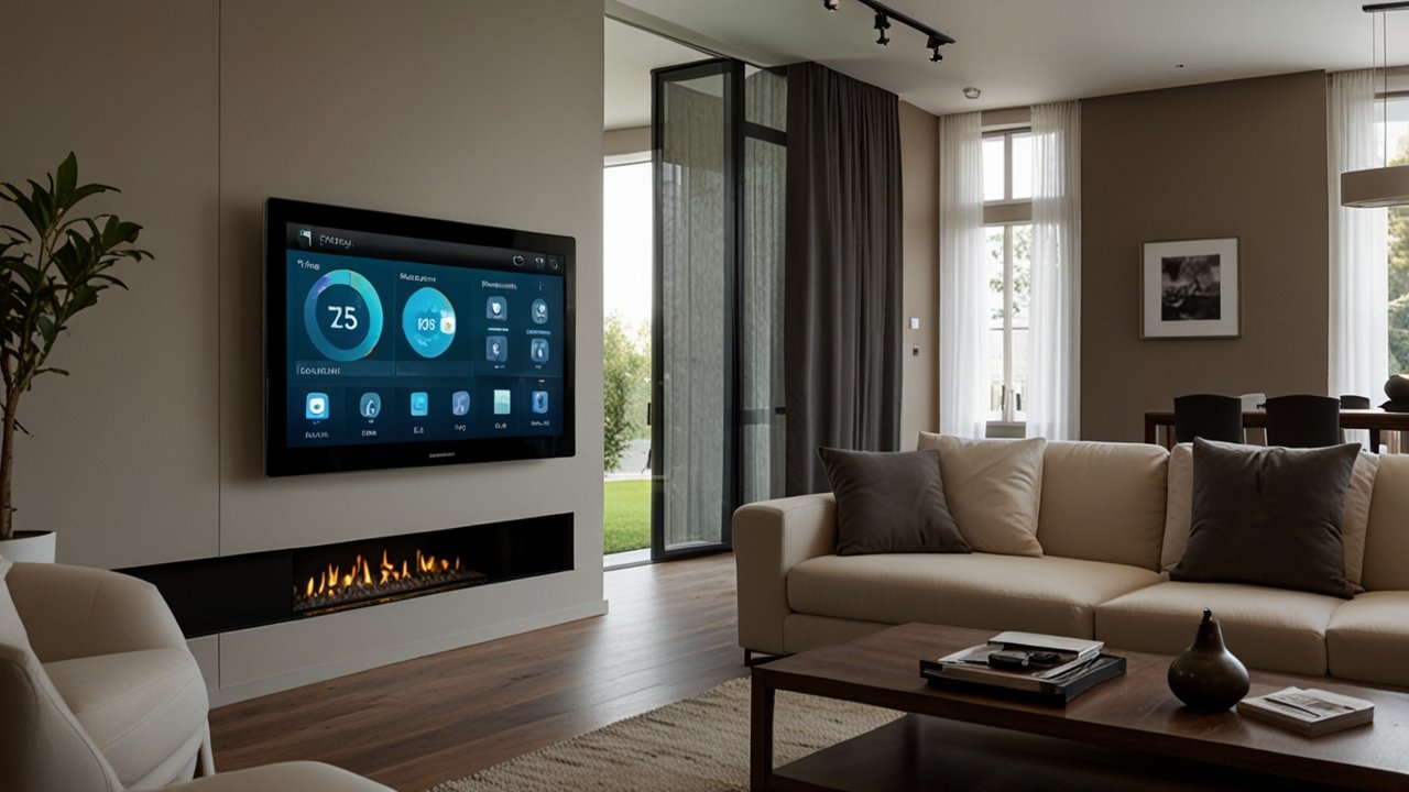 Modern smart home control center with unified automation platform managing lighting, security, climate, and entertainment systems through integrated interfaces