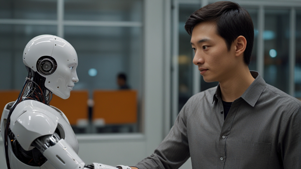 Advanced robotics laboratory with humanoid robots demonstrating natural interactions with researchers through gesture recognition and communication interfaces