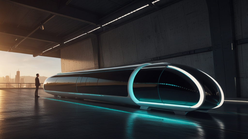 Futuristic hyperloop testing facility with vacuum tube transportation systems, magnetic levitation technology, and high-speed transit development displays