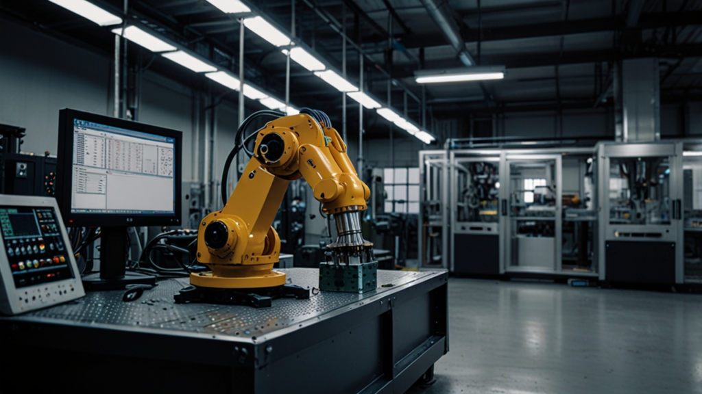 Advanced manufacturing facility with robotic arms, automated assembly lines, control panels, and digital monitoring systems in a modern industrial setting