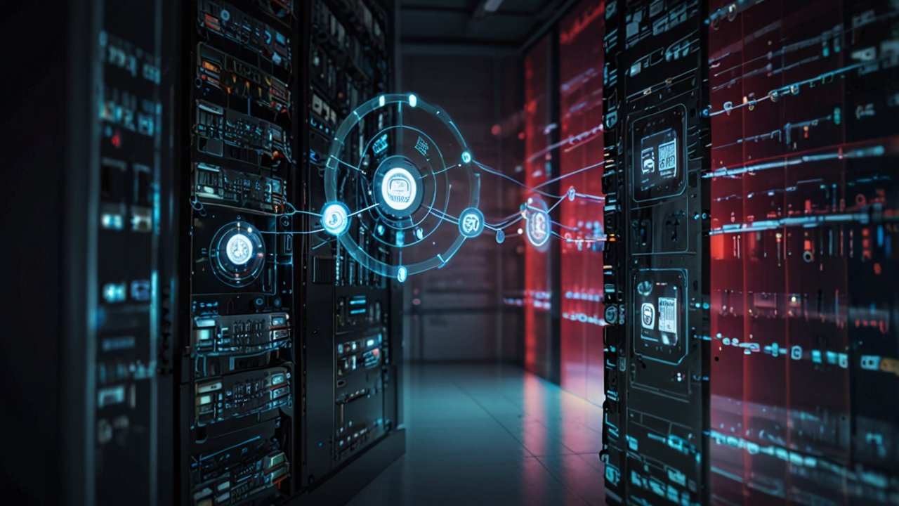 Smart city control center with multiple screens showing IoT device networks, sensor data streams, and connected infrastructure management systems
