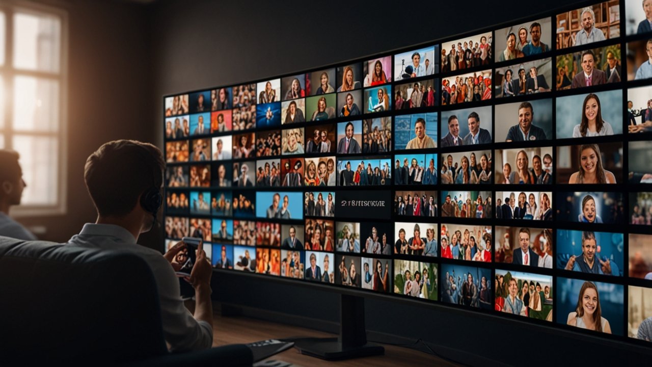 Modern live streaming studio with professional cameras, interactive audience displays, real-time chat interfaces, and multi-platform broadcasting equipment