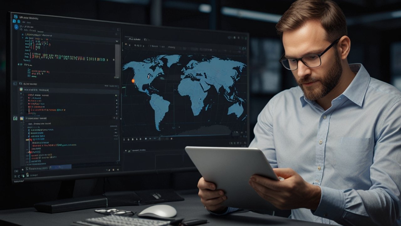 Modern software development workspace with low-code platform interfaces, visual programming tools, and rapid application development displays