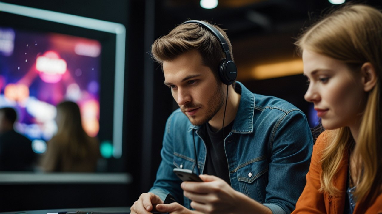 Dynamic mobile gaming setup with smartphones displaying advanced graphics, AR gaming elements, and competitive gaming interfaces in a modern gaming environment