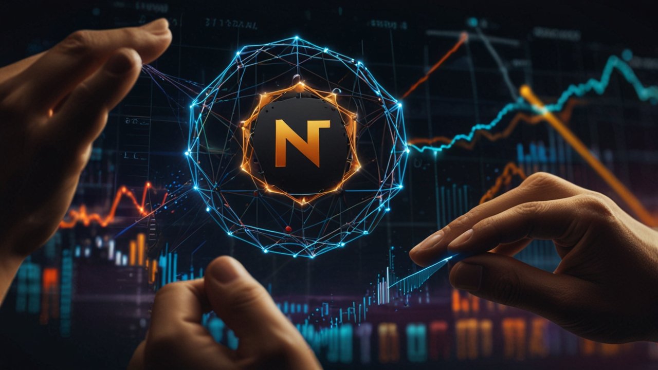 Vibrant digital art gallery interface showcasing NFT collections with blockchain verification symbols and trading interfaces in a modern crypto marketplace setting