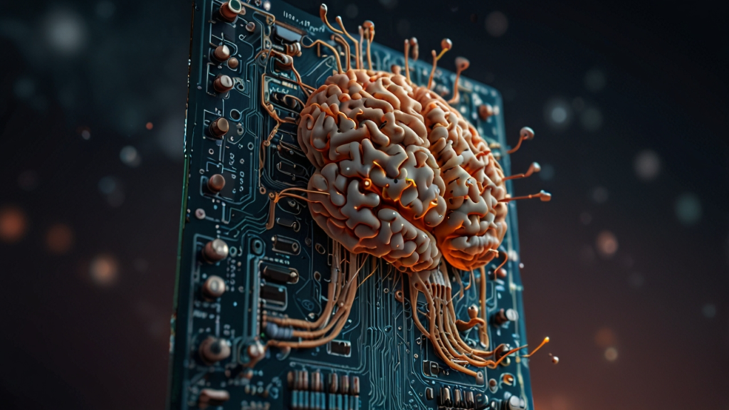 Futuristic neuromorphic computing laboratory with brain-inspired processors, neural network visualizations, and cognitive computing research displays