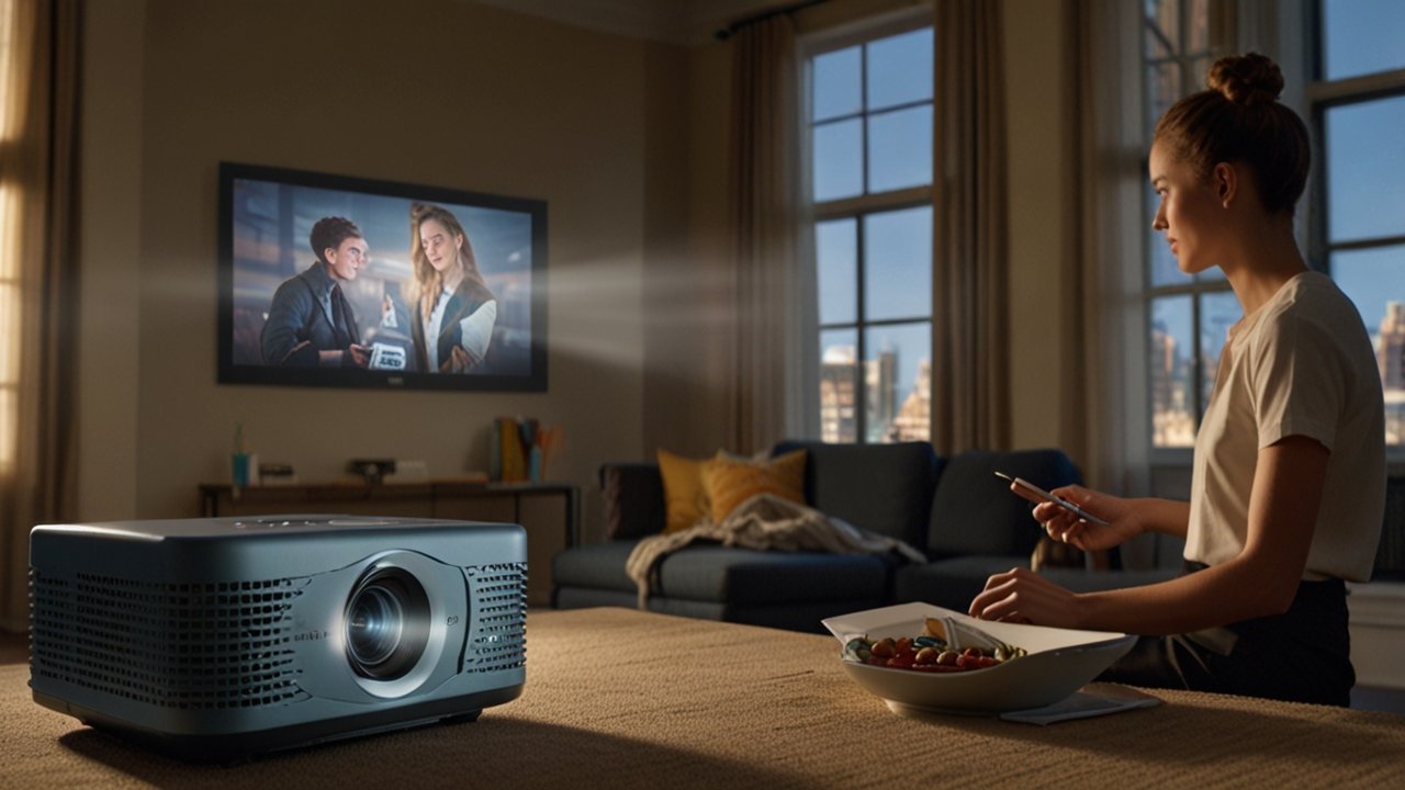 Modern portable projector setup displaying 4K content with wireless connectivity, showing compact design and multiple device connections