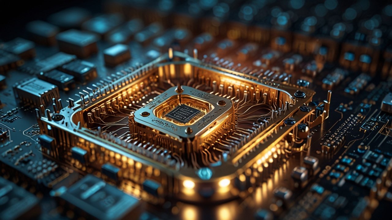 Futuristic quantum computing facility with suspended quantum processors, complex mathematical visualizations, and quantum entanglement displays in a high-tech laboratory