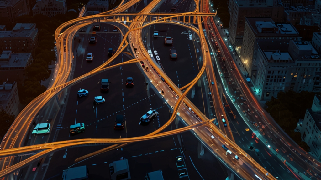 Modern ride-sharing operations center with driver-passenger matching displays, route optimization maps, and urban mobility analytics across multiple screens