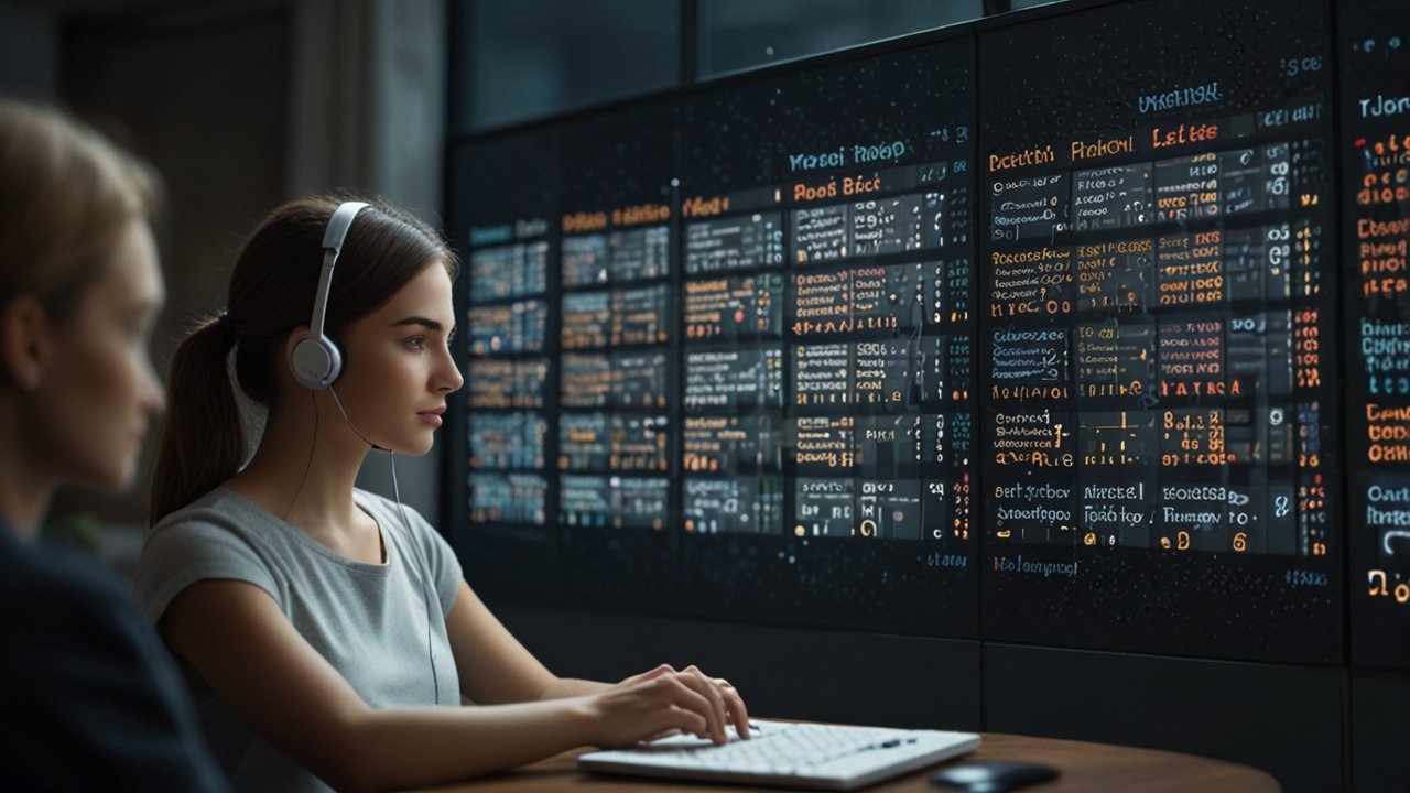 Modern analytics center with sentiment analysis dashboards displaying emotion maps, opinion trends, and social media sentiment tracking across multiple platforms