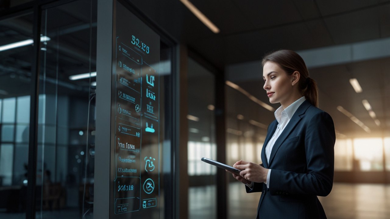 Modern smart building control center with facility management systems, energy optimization displays, and IoT integration monitoring