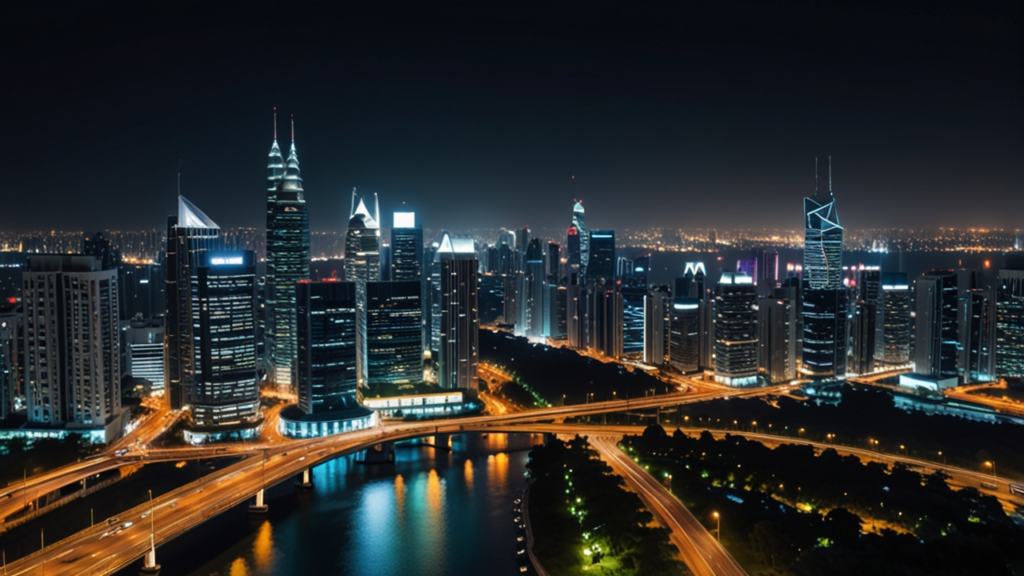Modern smart city overview with connected infrastructure including smart traffic lights, environmental sensors, digital displays, and integrated urban technology systems