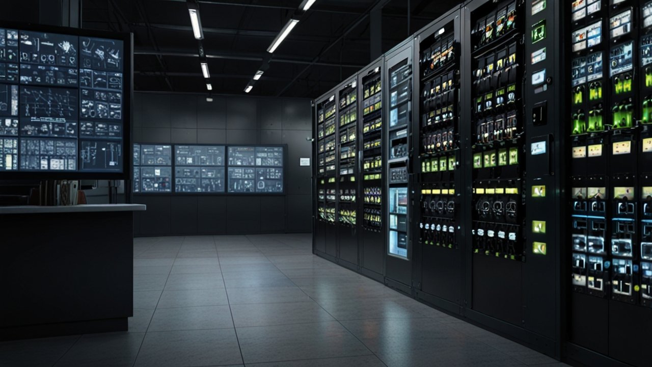 Modern smart grid control center with energy distribution monitoring, renewable integration displays, and power management systems