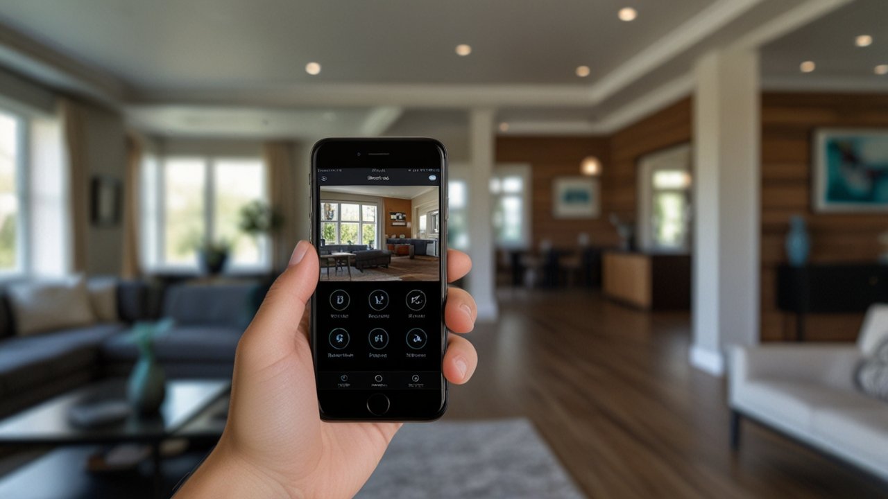 Modern smart home exterior with discreet security cameras, smart doorbell, and sensor devices integrated seamlessly into contemporary architecture with soft evening lighting
