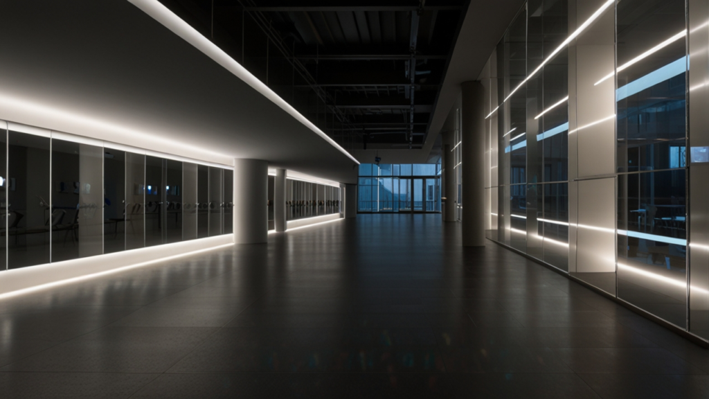 Modern smart home interior with intelligent lighting systems showcasing automated controls, color-changing bulbs, and energy monitoring displays throughout living spaces