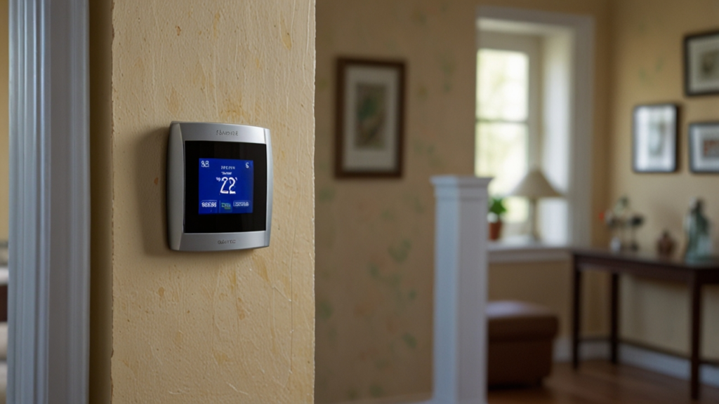 Modern smart home interior with intelligent thermostat displaying climate control interfaces, energy optimization data, and automated temperature management