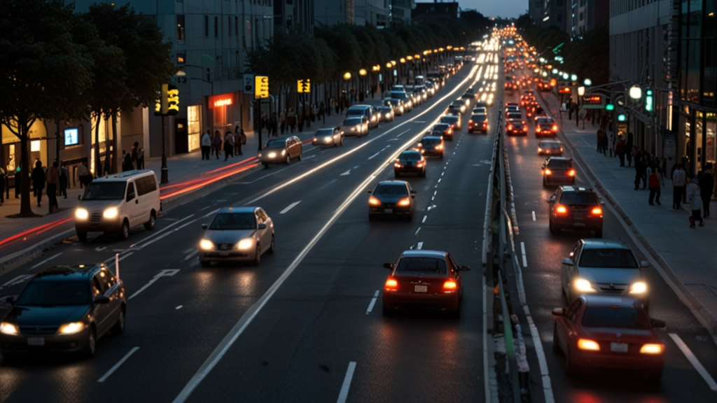 Modern city intersection with smart traffic lights, sensors, and digital displays showing real-time traffic data and optimization algorithms in action
