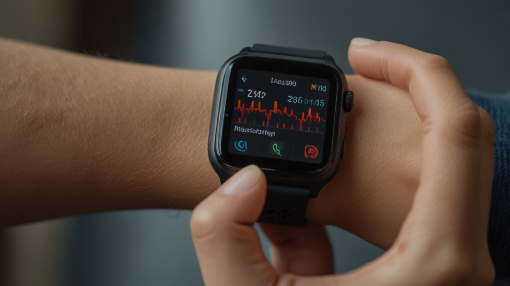 Modern smartwatch on wrist displaying health metrics including heart rate, activity levels, and biometric data with clean medical interface design