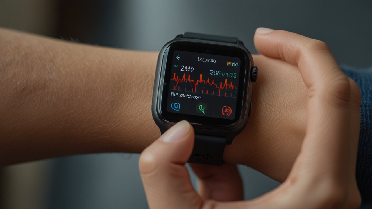 Modern smartwatch on wrist displaying health metrics including heart rate, activity levels, and biometric data with clean medical interface design