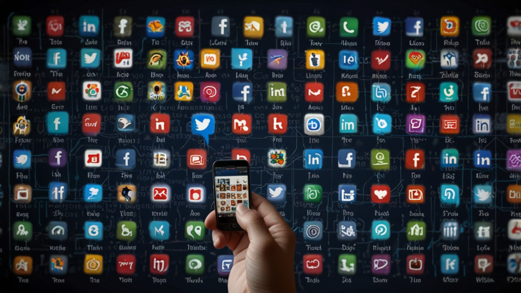 Digital social media interface with algorithmic flow charts, user engagement metrics, and content curation systems displayed in a modern tech environment