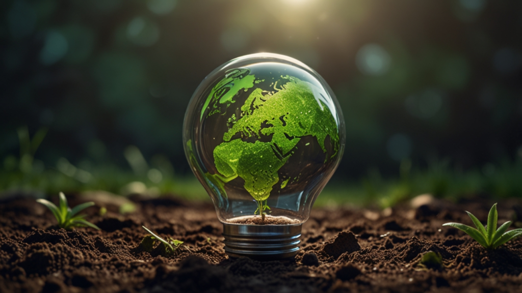 Eco-friendly technology center with solar panels, wind turbines, green computing systems, and sustainable innovation displays in a natural environment setting