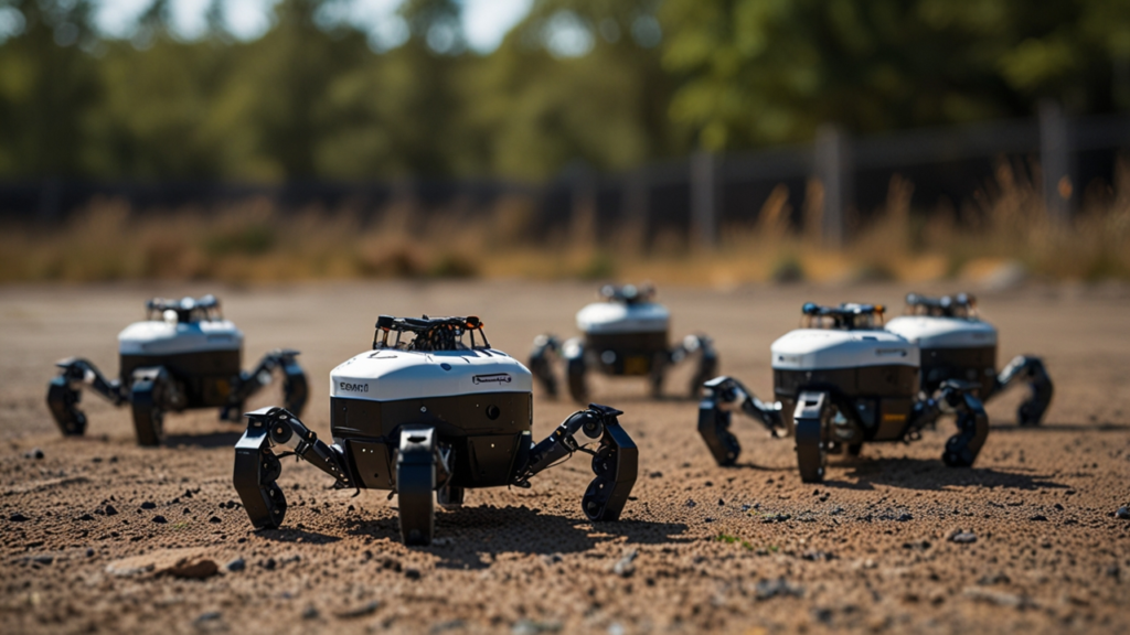 Advanced robotics facility with multiple small robots working together in coordinated swarms, displaying collective intelligence and synchronized movements