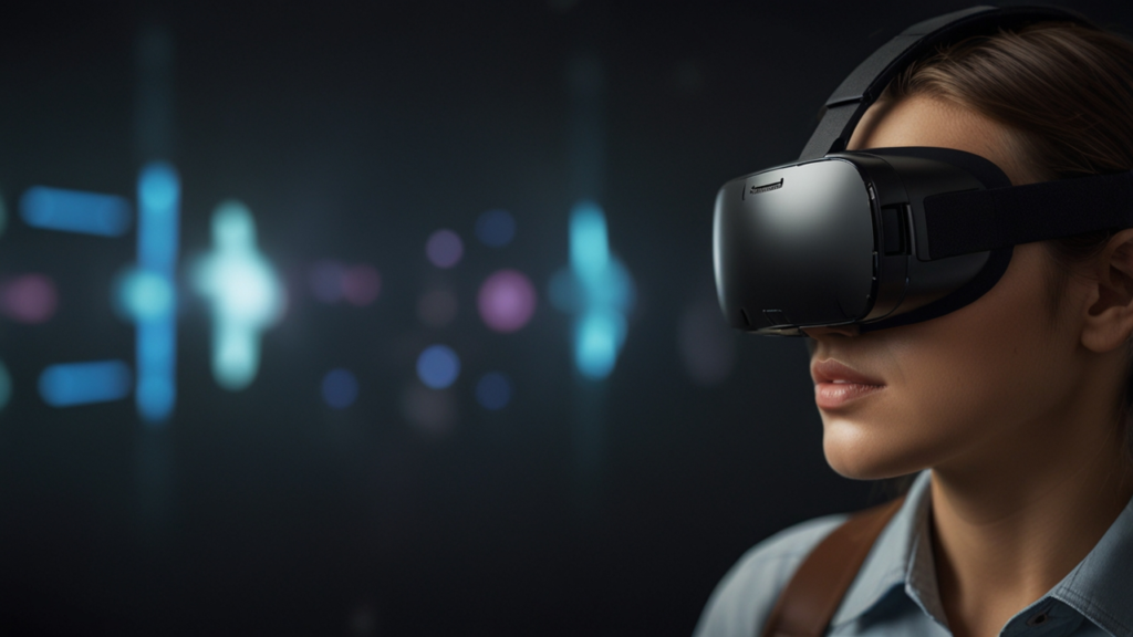 Futuristic VR gaming setup with person wearing advanced headset surrounded by holographic interfaces and immersive digital environments in a high-tech room
