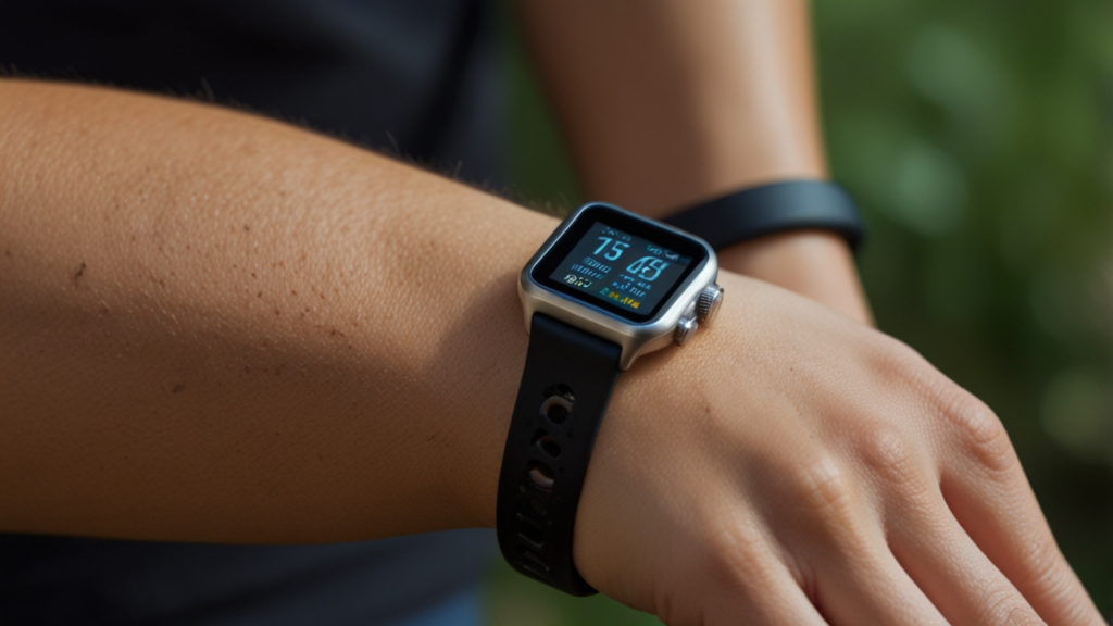 Modern fitness tracking setup with various wearable devices displaying health metrics, activity data, and wellness analytics in a health-focused environment