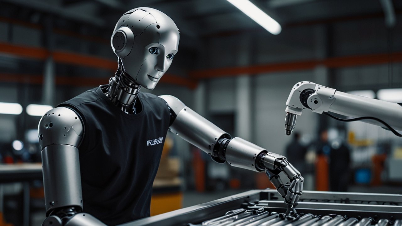 Modern factory floor with collaborative robots working alongside human operators in a bright, organized industrial setting with safety sensors and interactive displays