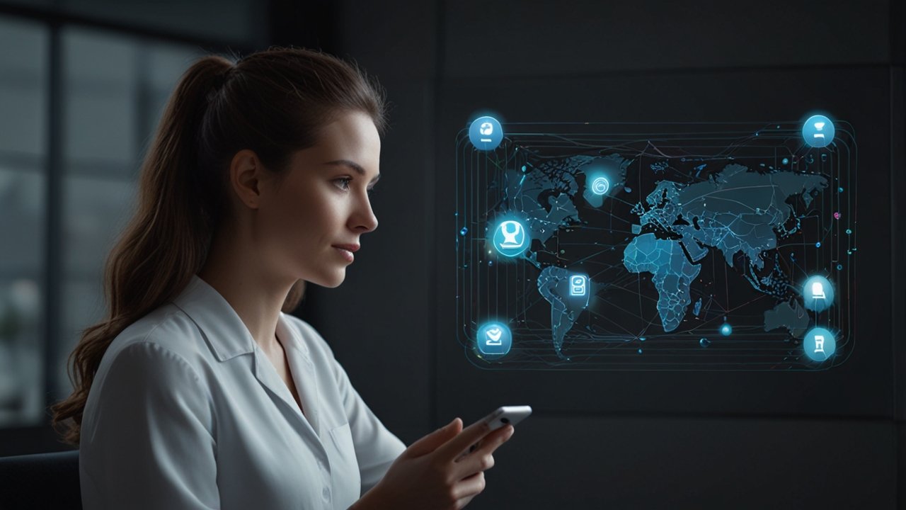 Modern office environment with holographic AI interface displaying natural language conversation flows and neural network visualizations in blue and white tones