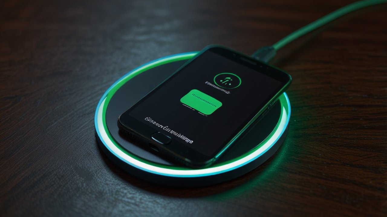 Modern wireless charging setup with various devices receiving power from charging pads, electromagnetic field visualizations, and advanced energy transfer technology