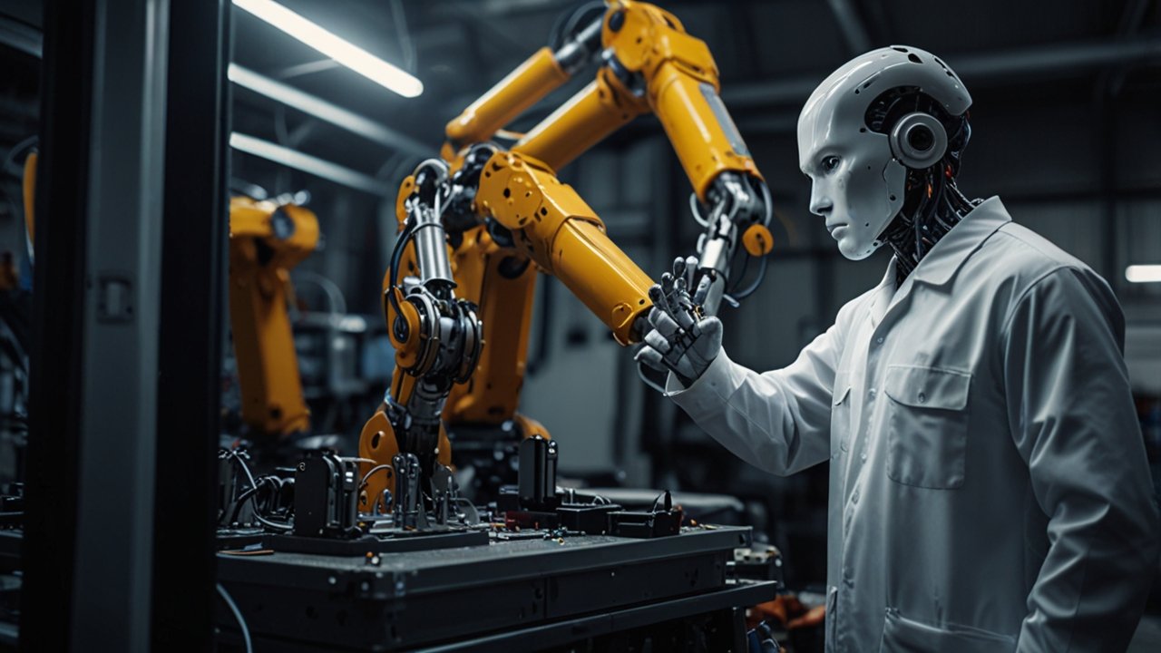 Advanced robotic maintenance facility with AI-driven diagnostics, predictive servicing systems, and automated robot optimization technology