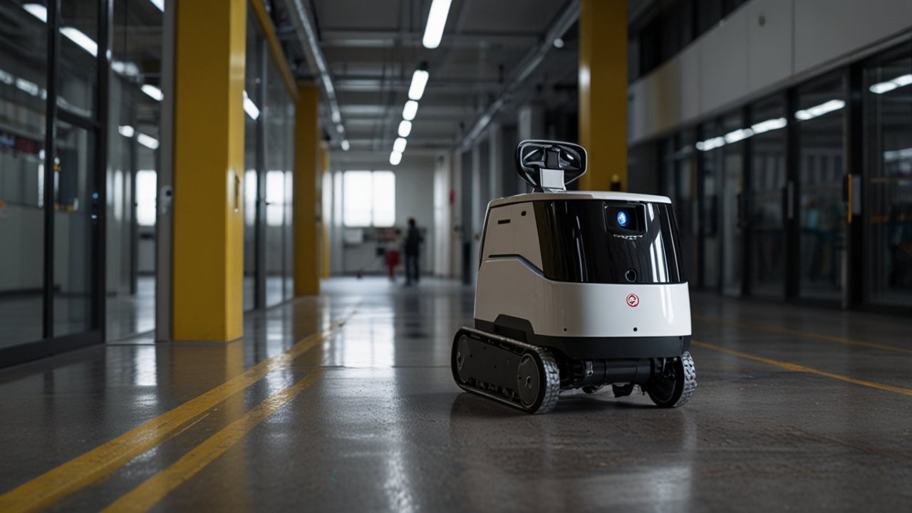 Modern robotic cleaning facility with autonomous maintenance robots, intelligent navigation systems, and automated sanitation protocols
