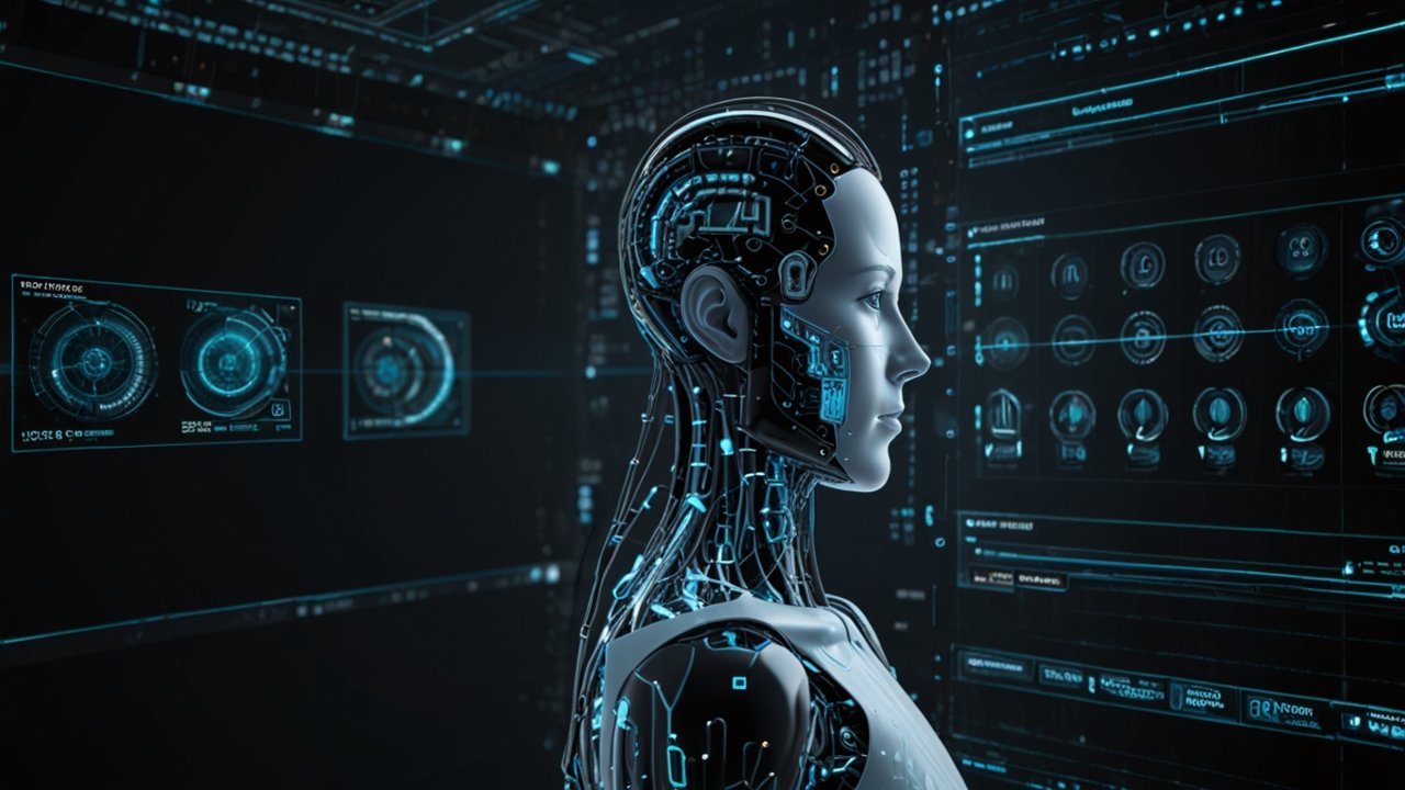 Futuristic autonomous systems facility with self-operating technologies, AI control centers, and independent decision-making demonstrations