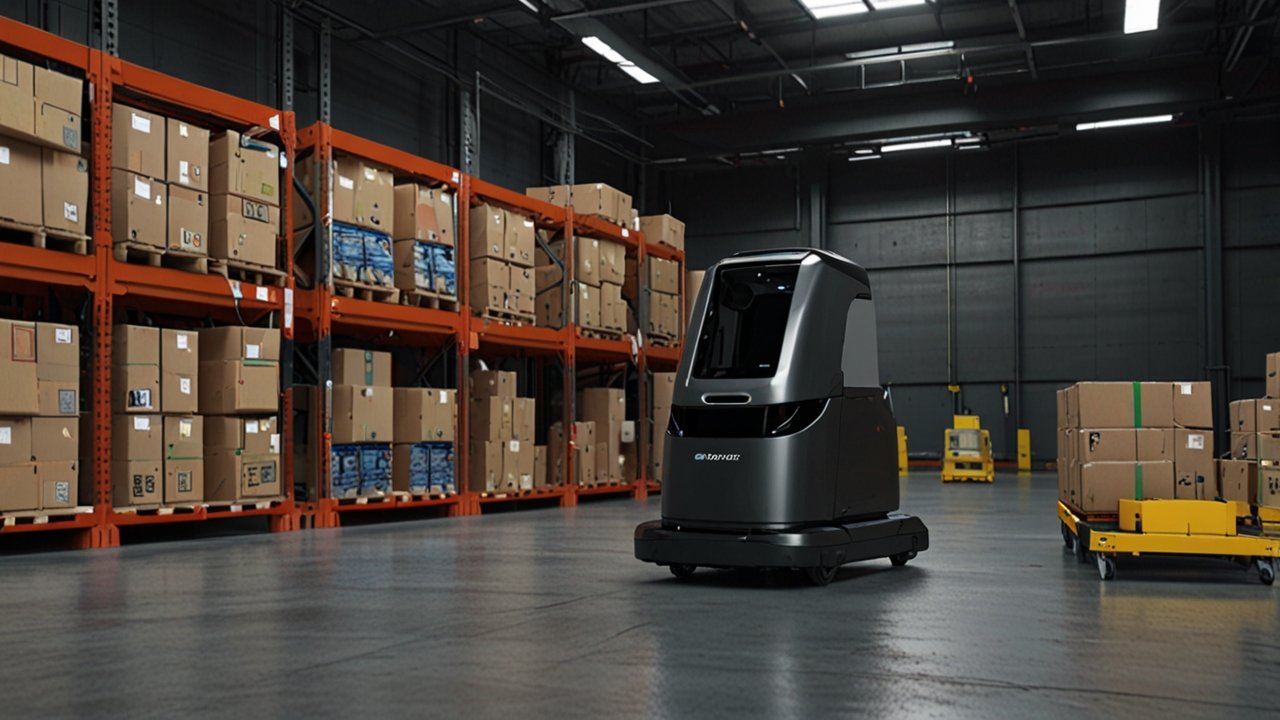 Modern automated warehouse with autonomous robots, inventory management systems, and intelligent logistics operations