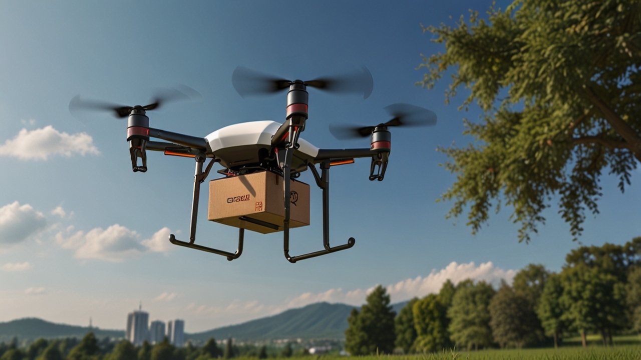 Modern drone delivery hub with autonomous aerial vehicles, package handling systems, and last-mile logistics coordination displays